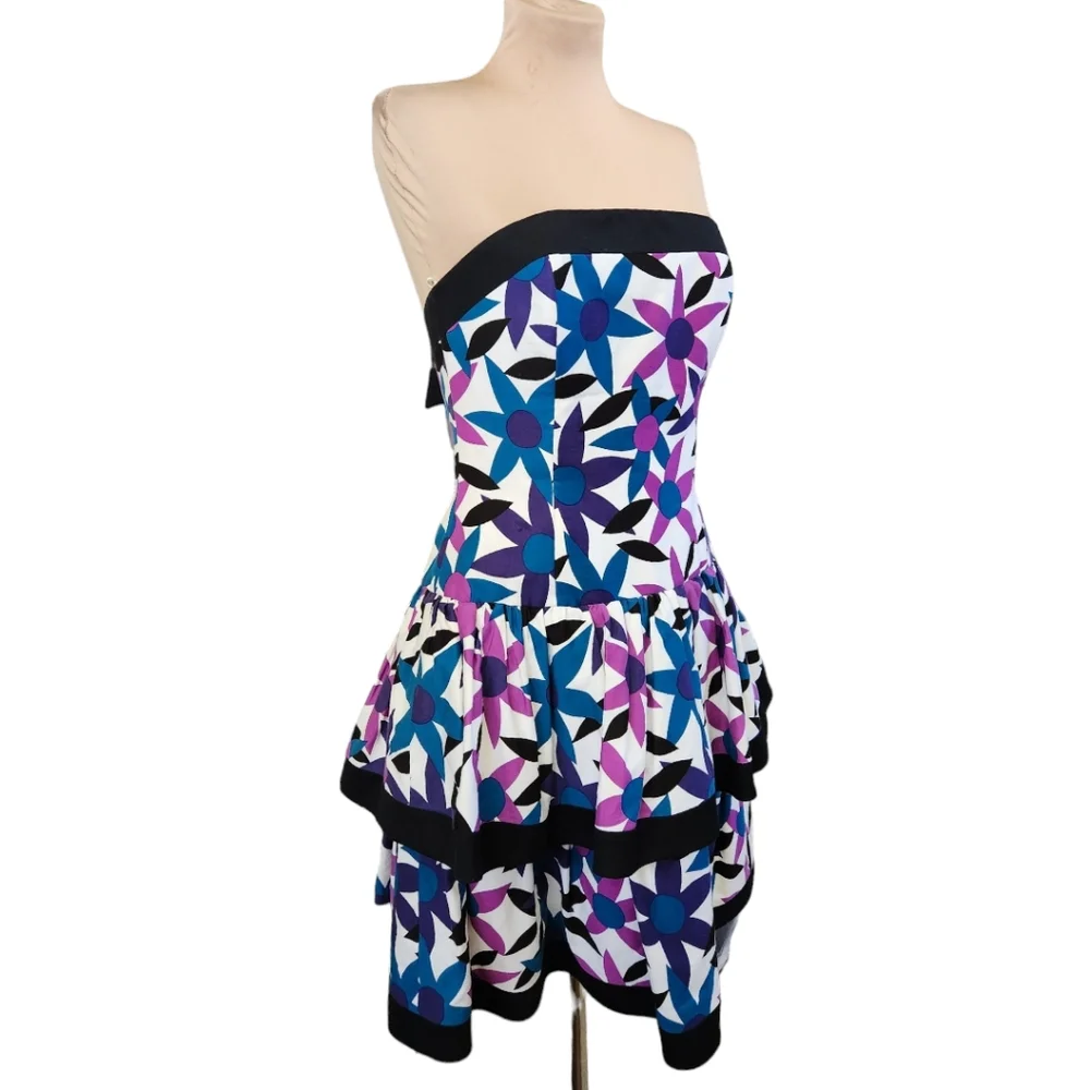 A.J. BARI Vintage 1980s Strapless Floral Print Ruffle Dress - Size 10 - Picture 4 of 11